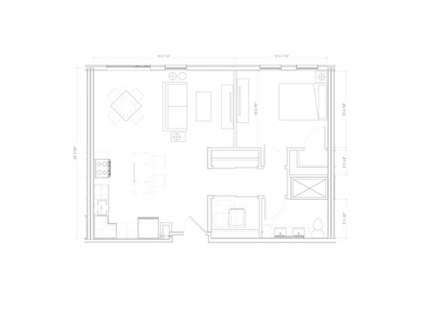 Floor plan for 1 bed, 1 bath, 622 sqft